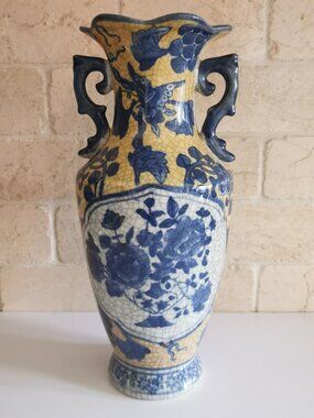 Blue Yellow Large Vase Chinese Double Handled Crackle Glaze Chinoiserie Art Pott